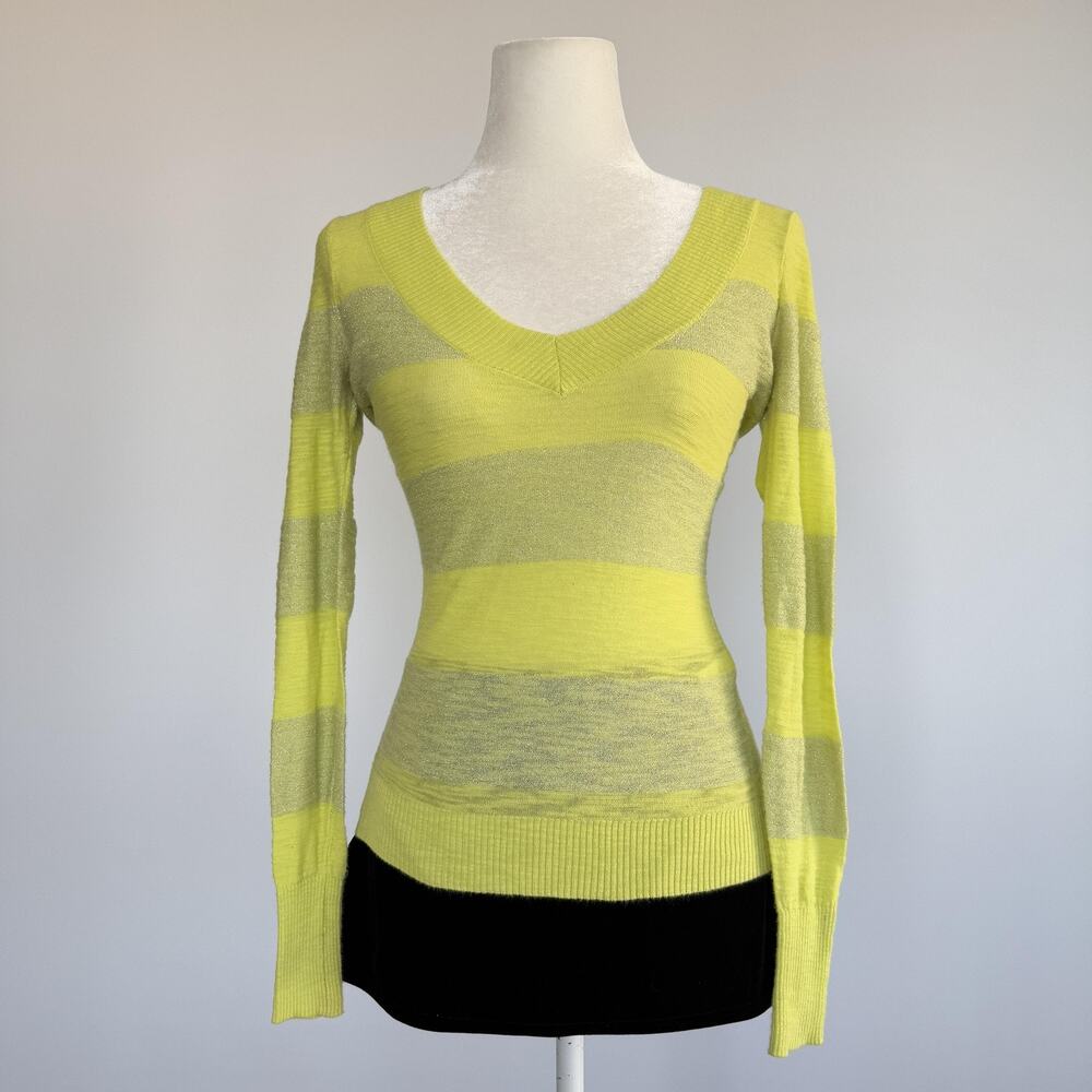 Express Sweater Womens XS Yellow Stripe V Neck Pullover Long Sleeve Metallic